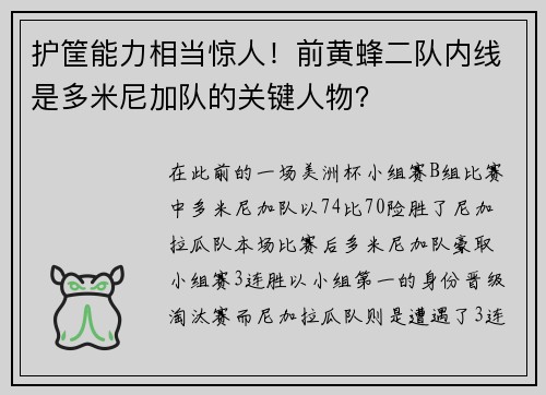 护筐能力相当惊人！前黄蜂二队内线是多米尼加队的关键人物？